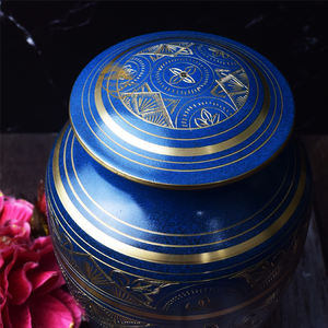 Urna de latón hecha a mano para cenizas Urna para cenizas humanas Hermoso azul con urnas de cremación doradas para cenizas de mascotas Recuerdo de entierro - Product Image 3