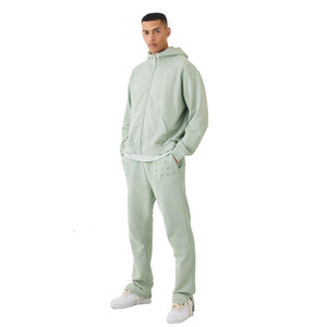 Ropa de calle personalizada para hombre, conjunto de chándal con cremallera desgastada de peso pesado para correr, chándal con parche con apliques desgastados y Logo para hombre 2024 - Product Image 1