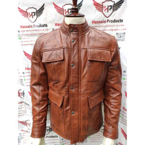 แจ็กเก็ตหนังยาวถึงสะโพกสำหรับผู้ชายหนังแท้สไตล์วินเทจสีน้ำตาล - Product Image 1