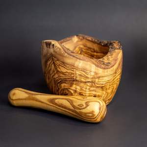 Mortero y Maja de madera 100% Trituradora de hierbas de madera de Olivo natural Juego de mortero y Maja tunecina ecológica Premium Rústico - Product Image 3