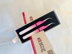 High Quality GETUP BROSONS IMPEX GBI-EET-25004 <b>Pink</b> <b>Powder</b> Coating Eyelash Tweezers 90 Degree Stainless Steel Smooth Tip 10mm - Product Image 3