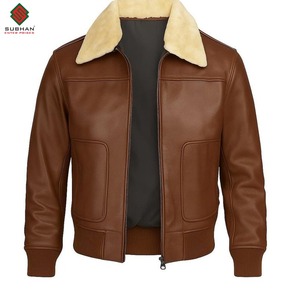 Men's Handmade Lambskin <b>Brown</b> Leather Bomber Jacket Vintage Biker with Quilted Fur Collar - Product Image 1
