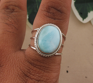 Anillo de Plata de Ley 925 hecho a mano con piedra preciosa Larimar Natural cabujón ovalado joyería de piedra azul Dominicana para mujer - Product Image 4