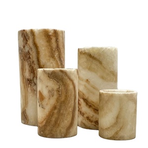 Lámpara de mesa hecha a mano de ónix verde marrón Tonos naturales únicos y venas Cilindro de piedra de alabastro blanco Producto de Venta caliente - Product Image 1