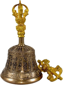 Campana tibetana con acabado de latón antiguo y juego de Dorje a juego, con un diseño de mango tallado simple, a precios de mayorista. - Product Image 6