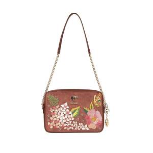 Sac bandoulière carré de luxe en cuir végétalien brodé floral - Petit format, fermeture éclair étanche, sangle chaîne marron, capacité 1-1,9 L - Product Image 1