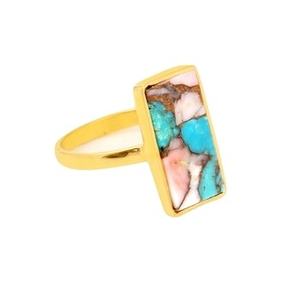 Anillo fino chapado en oro de 18 quilates superventas estilo bohemio delicado 8x16mm Mohave turquesa Rosa ópalo cobre bisel ajuste boda/fiesta - Product Image 2