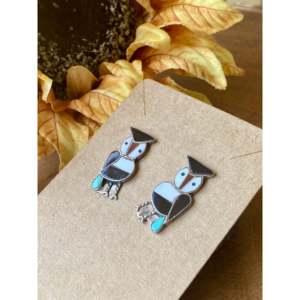 Zuni Cultural Collectible Jewelry Multi-Stone and Sterling Silver Inlaid Owl <b>Post</b> <b>Earrings</b> - Product Image 3