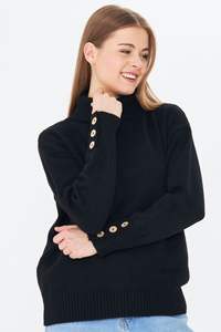 Suéter de punto de invierno detallado con botones de cuello alto para mujer Suéter transpirable cómodo y elegante Servicio ODM/OEM - Product Image 6