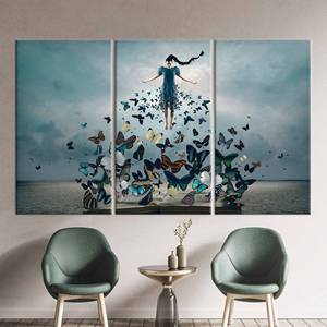 Toile imprimée : Femme avec des papillons - Art abstrait moderne, 3P : Prêt à accrocher - Product Image 1