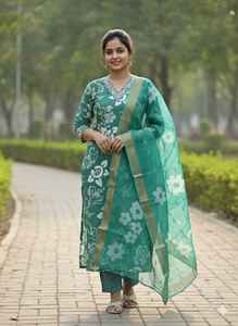 Nouvel ensemble de kurta pour femme, style Kolkata, trois pièces, en mousseline imprimée de luxe, pour les fêtes d'hiver, avec dupatta et pantalon - Product Image 3