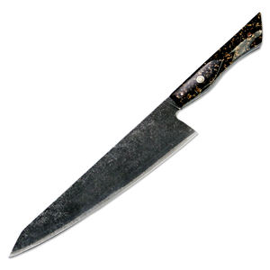 Couteaux de chef professionnels PRESTIGE BLADES, fabrication sur mesure en gros, OEM ODM, acier Damas, manche en résine avec feuille d'or, ambidextre - Product Image 1