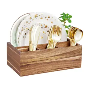 Acacia Gebruiksvoorwerp Caddy Organizer Papier Plaat Dispenser Grote Zilverwerk Houder Voor Feest, Keuken Gebruiksvoorwerp Caddy Voor Party Picknick