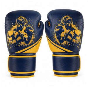 Professional Boxing <b>Gloves</b> <b>Leather</b> <b>Navy</b> Blue Yellow Silk Screen Print Velcro Closure Breathable Adult Training Gear - Product Image 4