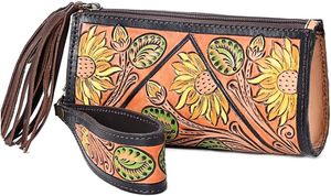 Hand <b>Tooled</b> Carving Leather Wallet Clutch Phone <b>Case</b> Stylish Cowhide Leather Wallets Turquoise Color Wallet for Women - Product Image 3