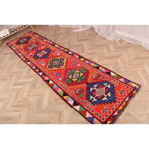 2.6x10.1 ft Turkish Rug, Vintage <b>Runner</b> Rug, <b>Red</b> Blue Solid Rug - Product Image 3