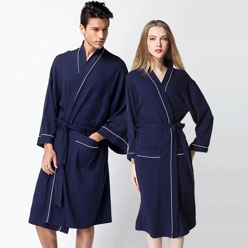 Unisex Luxury Waffle Robes Piping Cotton Terry Áo Choàng Tắm Áo Choàng Đôi