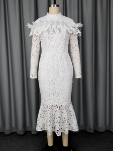 Vestido <span class=keywords><strong>de</strong></span> Dama <span class=keywords><strong>de</strong></span> Honor <span class=keywords><strong>de</strong></span> Encaje Blanco con Cuello Alto, Manga Larga y Volantes Estilo Sirena ADR051202 - Product Image 4