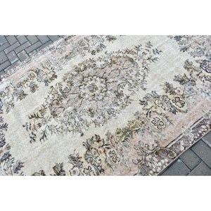 Turkish Vintage Rug, 5.4x9.1 ft Large Rug, <b>Brown</b> White Solid <b>Wool</b> Rug - Product Image 5