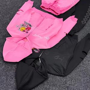 Heavyweight Cotton <b>French</b> Terry Two Piece Hoodie Sets Men <b>Vintage</b> Washed Oversized Sun faded multi color Rhinestone Tracksuits - Product Image 4