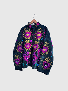 Veste en coton brodée à la main avec motif cœur et œil, manches longues, col montant, grande taille, pour adulte, tenue d'automne - Product Image 3