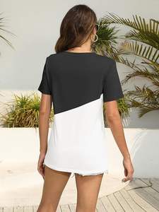 T-shirts à blocs de couleurs écologiques pour femmes Tops décontractés d'été courts avec décoration brodée Design anti-boulochage - Product Image 3