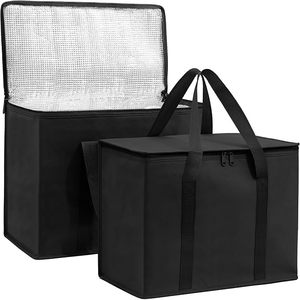 Sac isotherme pliable noir grand format en non-tissé 20L avec fermeture éclair et logo personnalisé pour livraison de repas - Product Image 1
