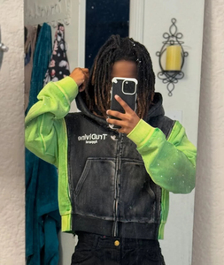 Sweat à capuche personnalisé streetwear, lourd, délavé, à trois fermetures éclair, avec empiècements, effet délavé à l'acide, strass - Product Image 1