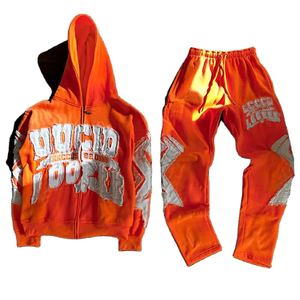 Custom Manufacturer Heavyweight Tracksuits Thick <b>Distressed</b> Embroidery Patch Men Acid Wash Zipper Up Rhinestone Wear - Product Image 4