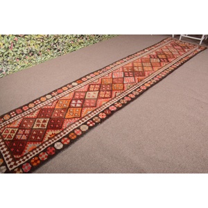 3x14.1 ft Rug, Vintage Turkish Rug, <b>Red</b> Herki <b>Wool</b> Rug - Product Image 1
