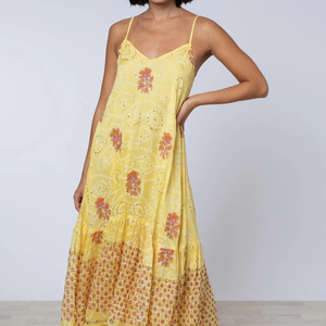 Robe midi 100% coton, embellissement artisanal, broderie de paillettes, coupe évasée, col en V, été, écologique, grande taille, ODM - Product Image 1