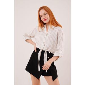 Chemisier à manches longues rayé blanc avec détail de nœud pour femme Lustrin - Chemise décontractée en mélange viscose et lin pour la vente en gros - Product Image 1