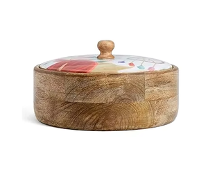 Casserole en bois faite à la main avec couvercle décoratif en céramique bleue Récipient de stockage élégant pour aliments secs et présentation sur table d'Inde - Product Image 4
