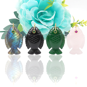 Pendentif en pierre précieuse sculpté de poisson lisse multi-pierres naturelles pour collier en argent sterling 925 plaqué or pendentif à breloques bijoux - Product Image 1
