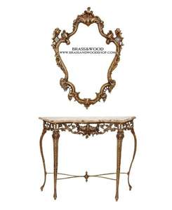 Mesa Consola de Latón Antiguo de Lujo con Espejo Ornamentado - Product Image 1