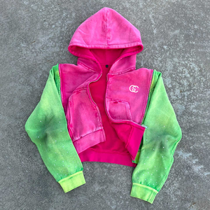 Fabrication à la mode Vêtements de rue personnalisés Lavage à l'acide Distressed Rhinestone Boxy Fit Zipper Crop Hoodie pour hommes - Product Image 6