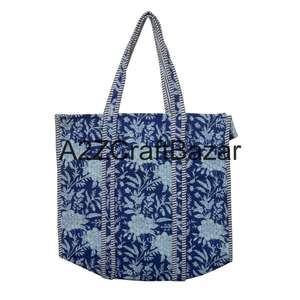 Sac fourre-tout en coton écologique fait à la main, grand sac de shopping matelassé, imprimé floral en blocs, lavable, pour les voyages et l'usage quotidien - Product Image 1
