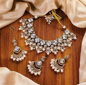 Style ethnique plaqué or Kundan-clouté collier boucles d'oreilles ensemble mode mariages fêtes mariée porter fiançailles cadeaux femmes filles - Product Image 5