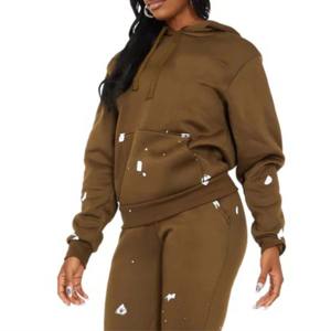 Conjunto de sudadera con capucha y pantalones deportivos con estampado de salpicaduras de pintura marrón para mujer, conjunto informal y elegante de dos piezas con diseño cómodo, perfecto para el uso diario. - Product Image 3