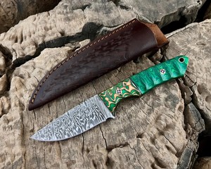 Couteau EDC à lame fixe en acier Damas fabriqué par OEM, pointe tombante, manche en bois vert, fourreau vertical, lame pleine, couteau de chasse et de camping - Product Image 2