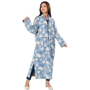 Veste longue faite à la main en coton imprimé de blocs avec manteau superposé de style bohème zippé pour femmes, vêtements d'extérieur ethniques élégants pour l'hiver et l'automne - Product Image 1