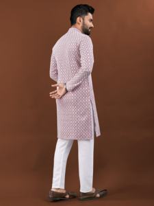 Men's Silk Kurta Collection Heavy Rayon with Lucknowi <b>Work</b> and <b>Mate</b> Sequence Traditional Wear for Parties - Product Image 4