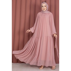 Vestido de Gasa Rosa Palo con Cinturón con Detalle Fruncido, Corte Imperio y Silueta en A Discreta - Product Image 3