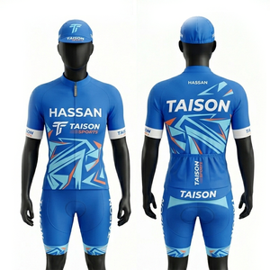 Conjunto de maillot y pantalones cortos de ciclismo para mujer, tela de poliéster y spandex, diseño de panel degradado azul claro y azul marino, sublimación, logotipo personalizado - Product Image 3