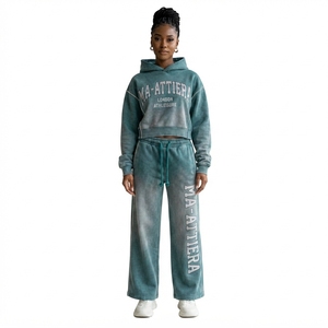 Custom <b>Women</b> Acid Wash Teal Green Cropped Hoodie Wide Leg <b>Jogger</b> Set Cotton Fleece Streetwear Tracksuit OEM Wholesale - Product Image 1