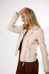 Veste moto en cuir PU pour femme, col montant, manches longues, fermeture éclair, couleur unie, pour l'automne - Product Image 3