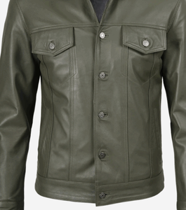 Chaqueta de Cuero para Hombre, Cuatro Bolsillos, Color Verde Oliva, Estilo Camionero, 2025 - Product Image 5