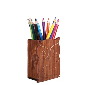 Houten Decoratieve Uil Ontwerp Houten Houten Pennenhouder & Potloodhouders Handgemaakt Traditioneel Bureau