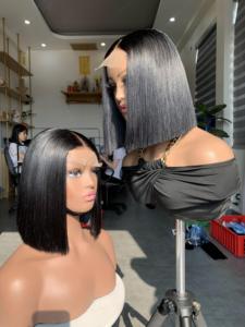 Blunt Cut <b>Wig</b> Vietnamese Single Donor Remy Human Hair Lace Transparent Extension Straight 180% Density Colors - Product Image 6