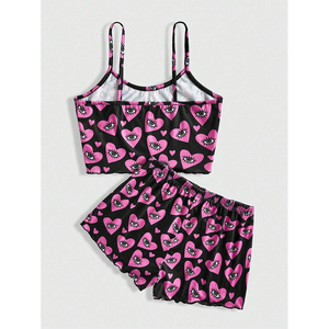 Wholesale Sport Wear Hot Selling Women's Tank Top and Shorts Pajama Set With Digital Hearts and Eyes Print - Product Image 3